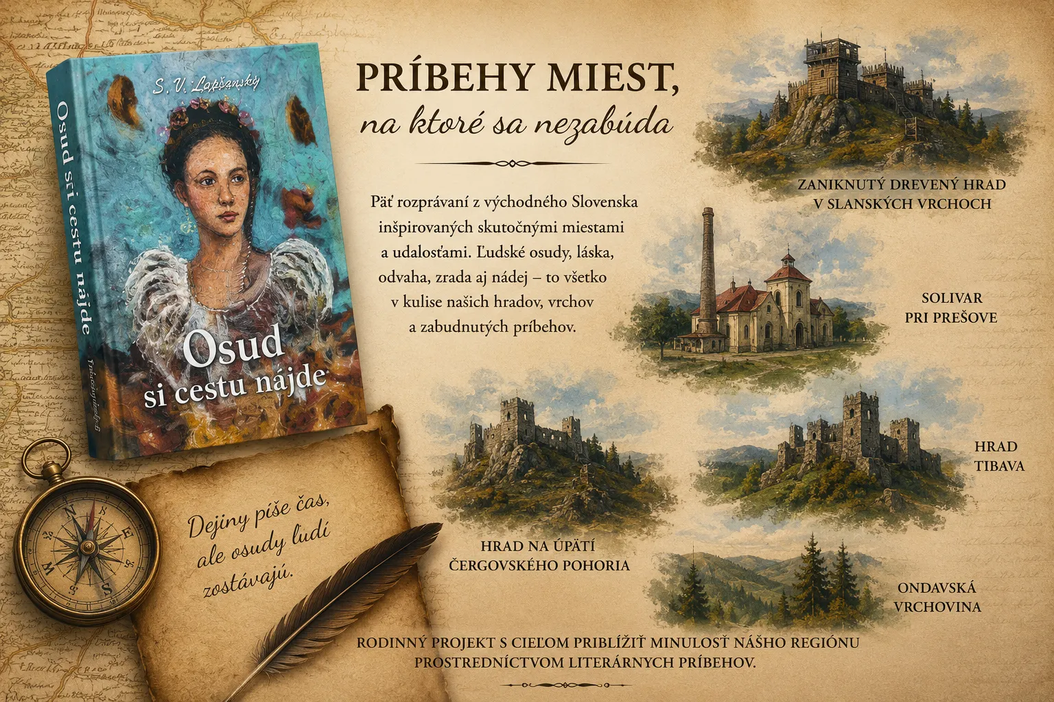 Grafika ku knihe Osud si cestu nájde s obálkou a ilustráciami piatich miest východného Slovenska