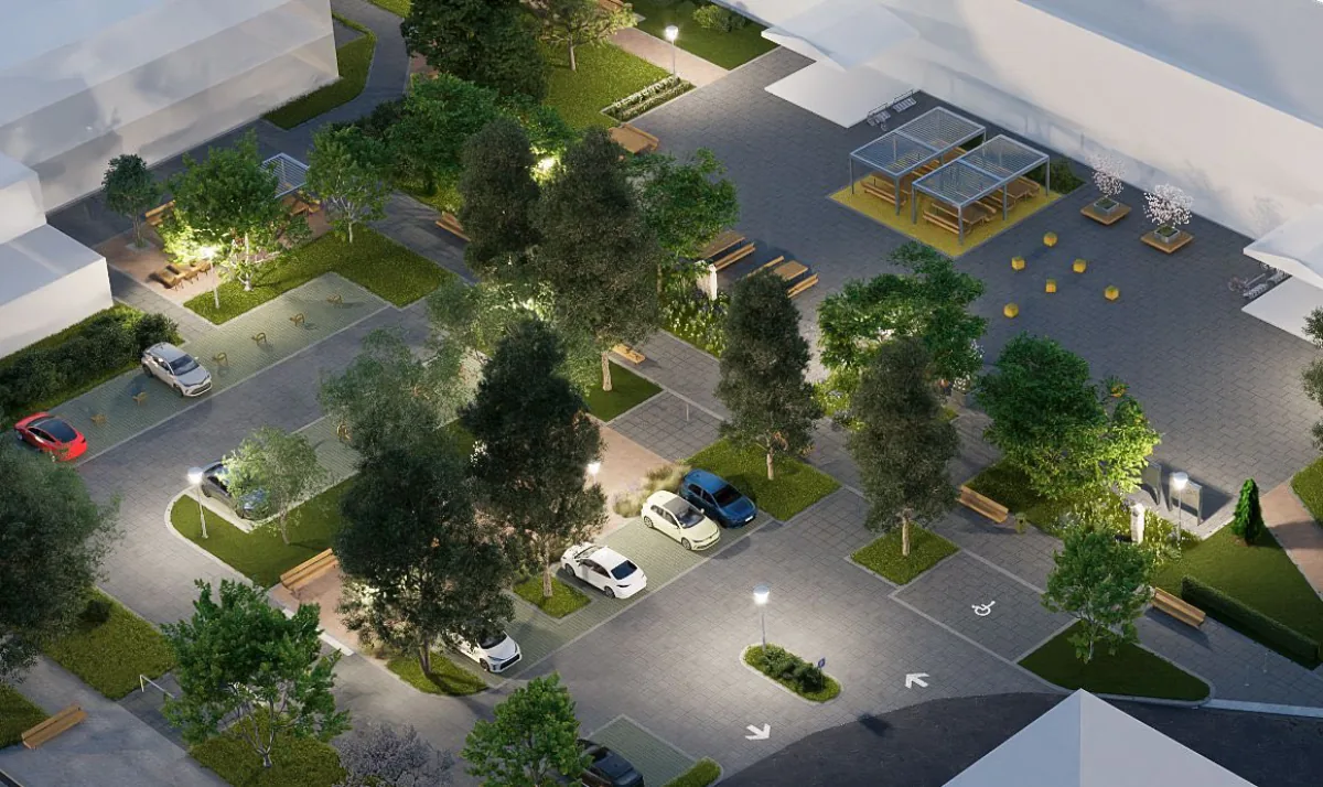 Vizualizácia revitalizácie okolia ZŠ Okružná - letecký pohľad