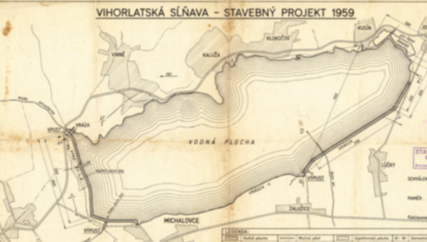 Stavebný projekt Vihorlatská sĺňava z roku 1959 – historická mapa s vyznačenou vodnou plochou, hrázami a okolitými obcami