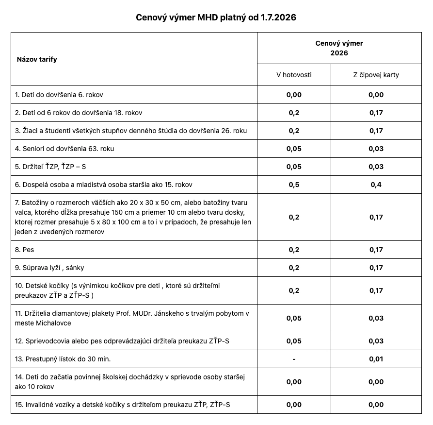 Oficiálny cenník MHD Michalovce platný od 1. 7. 2026